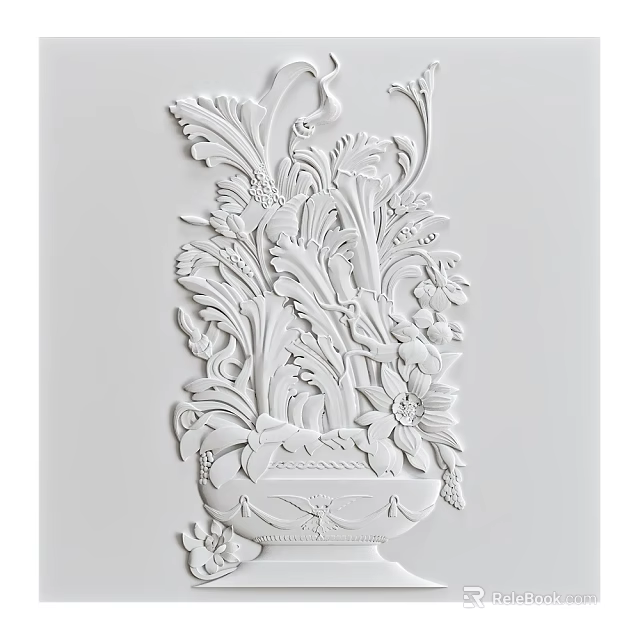 White Floral Relief Wall Decor With Intricate Vase And Leaf Patterns Design 3d model
