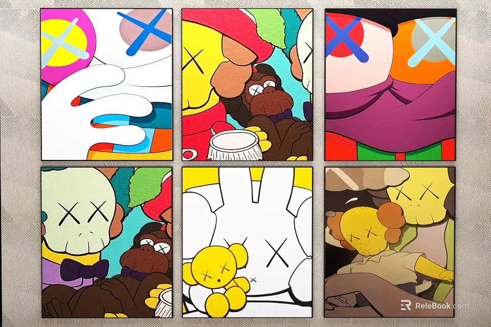 Colorful Six Cartoon Artworks Collection With X Eyes Characters And Vibrant Designs 3d model 