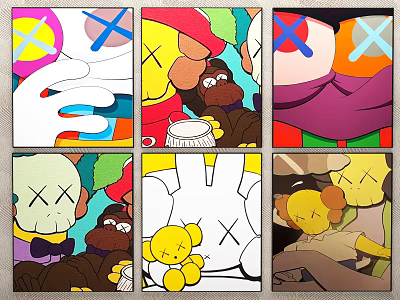 Colorful Six Cartoon Artworks Collection With X Eyes Characters And Vibrant Designs 3d model