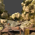 Realistic Micro Terrain Model With Sand Rocks Ship And Lighthouse Elements