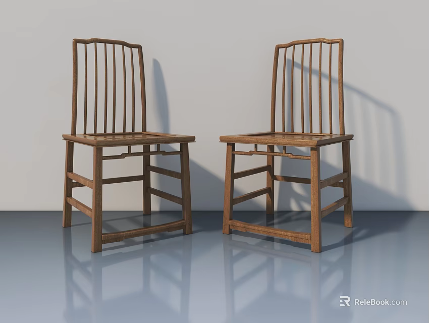 Two Light Wood Chairs With Vertical Slat Backs On Smooth Floor Surface 3d model