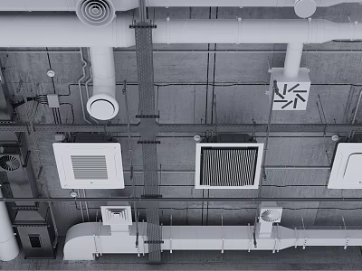 Industrial Suspended Ceiling Structure With Pipes Ventilation Grilles Mechanical Equipment And Components 3d model