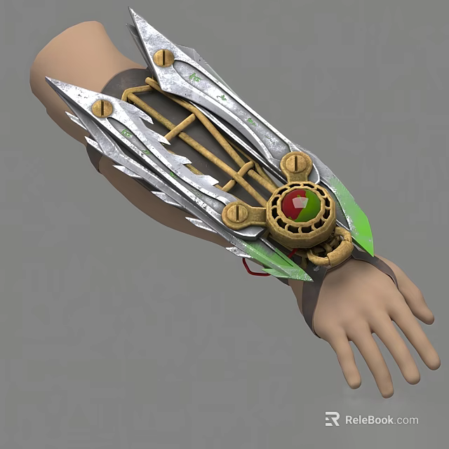 Elaborate Game Movie Character Arm Armor With Spiked Metallic Design Red Gem And Green Accents 3d model 