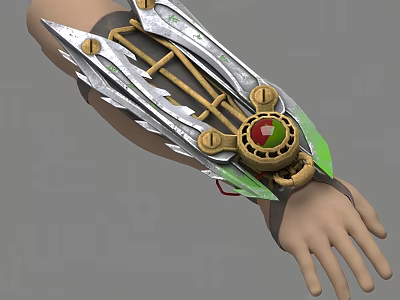 Elaborate Game Movie Character Arm Armor With Spiked Metallic Design Red Gem And Green Accents 3d model