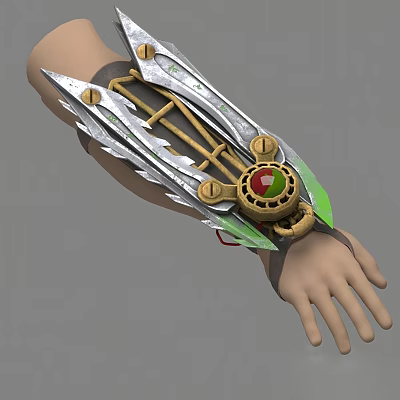 Elaborate Game Movie Character Arm Armor With Spiked Metallic Design Red Gem And Green Accents 3d model