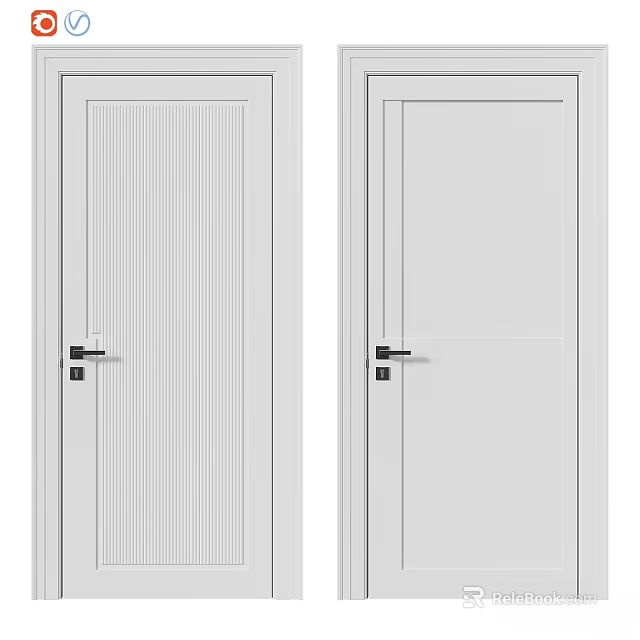 White Interior Doors With Striped Panel And Plain Design Featuring Black Handles 3d model