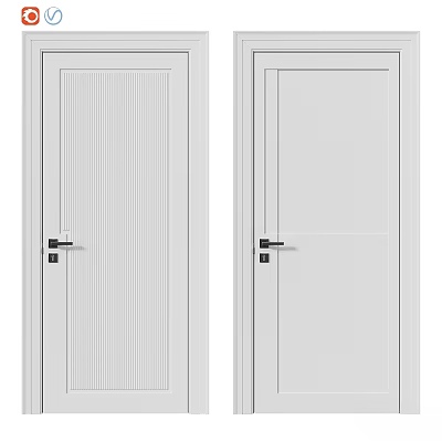 White Interior Doors With Striped Panel And Plain Design Featuring Black Handles 3d model