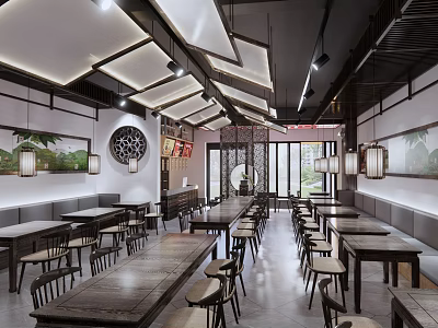 Traditional Chinese Style Restaurant Interior With Wooden Tables Lanterns And Decorative Paintings 3d model