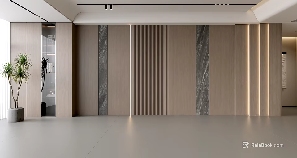 Modern Minimalist Feature Wall Design With Wooden Panels Marble Accents Vertical Stripes And Soft Lighting 3d model 