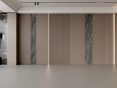 Modern Minimalist Feature Wall Design With Wooden Panels Marble Accents Vertical Stripes And Soft Lighting 3d model