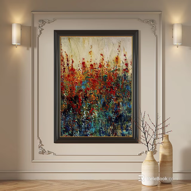 Vibrant Abstract Floral Oil Painting With Rich Red Orange Blue Brushstrokes 3d model 