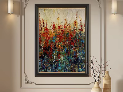 Vibrant Abstract Floral Oil Painting With Rich Red Orange Blue Brushstrokes 3d model