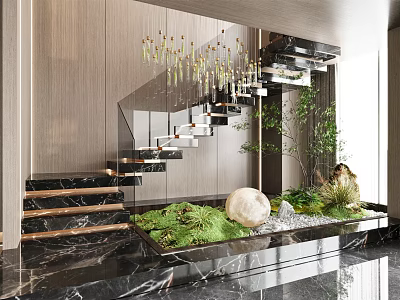 Modern Staircase Interior With Wooden Wall Black Marble Hanging Chandelier And Green Plants 3d model