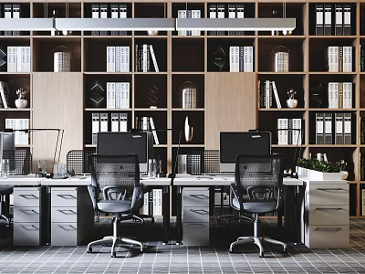 Modern Office Desk Workspace With Computers Office Chairs Bookshelves And Books 3d model