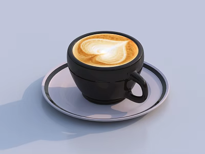 Cup of Coffee with Heart Shaped Latte Art Served in Black Cup on White Saucer 3d model