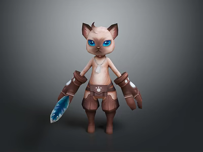 3D Cartoon Cat Character With Blue Eyes Wearing Brown Outfit Holding Blue Object 3d model