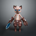 3D Cartoon Cat Character With Blue Eyes Wearing Brown Outfit Holding Blue Object