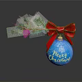 Blue Christmas Ornament With Red Bow Pine Branch And Merry Christmas Text