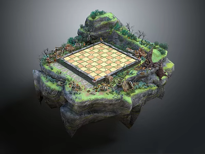 Fantasy Floating Island With Chessboard Rocky Terrain Green Vegetation And Trees 3d model