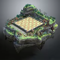 Fantasy Floating Island With Chessboard Rocky Terrain Green Vegetation And Trees