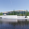 Modern Sales Office Building With White Facade Large Glass Windows Trees And Waterfront Landscaping