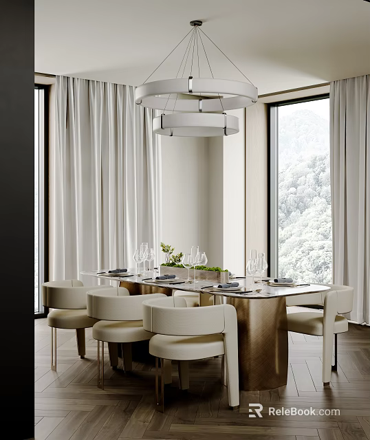 Elegant Modern Restaurant Interior With Dining Table White Chairs Chandelier And Mountain View 3d model 