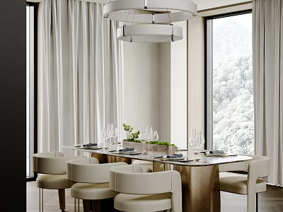 Elegant Modern Restaurant Interior With Dining Table White Chairs Chandelier And Mountain View 3d model