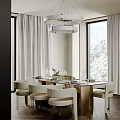 Elegant Modern Restaurant Interior With Dining Table White Chairs Chandelier And Mountain View