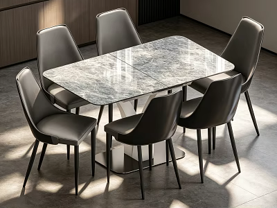 Modern Dining Table Set With Marble Tabletop And Black Chairs 3d model