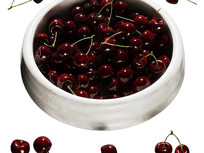 Fresh Ripe Cherries Filled in White Bowl with Some Scattered Around 3d model