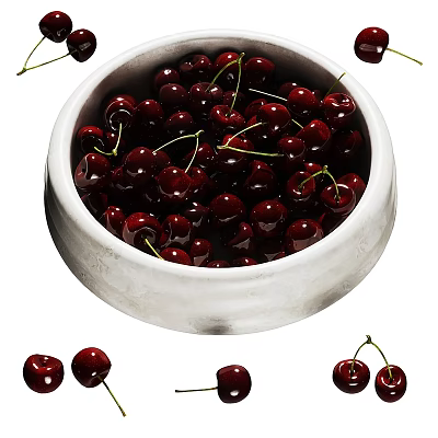 Fresh Ripe Cherries Filled in White Bowl with Some Scattered Around 3d model
