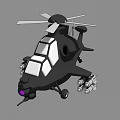 3D rendered black military helicopter with cockpit windows missiles and main rotors