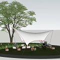 Tranquil Garden Landscape Featuring Circular Lawn Large Tree White Canopy Pink Balloons And Outdoor Furniture