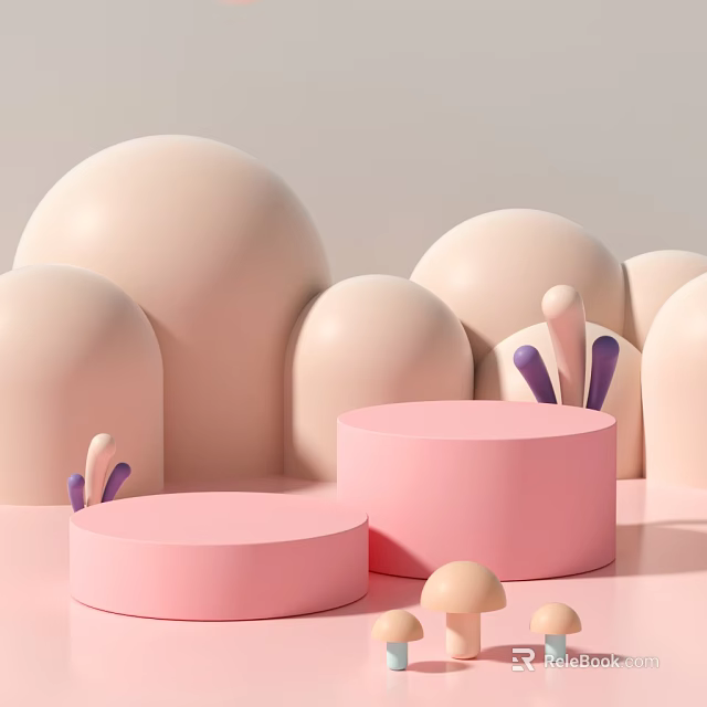 Pink Circular Display Stands With Rabbit Ears And Mushroom Decor For Product Showcase 3d model 