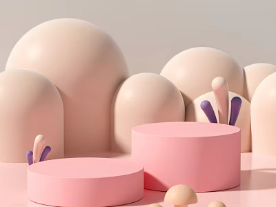 Pink Circular Display Stands With Rabbit Ears And Mushroom Decor For Product Showcase 3d model