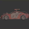 Red Modified Car With Rusty Metal Plates And Roof Mounted Weapon