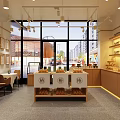 Modern Dessert Shop Interior With Bread Displays Coffee Equipment And Wooden Tables
