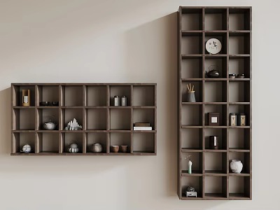 Wooden Bogu Shelves With Various Decorations On Wall 3d model