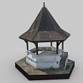 Traditional Wooden Pavilion Model With Pyramidal Roof Hexagonal Base And Stone Steps
