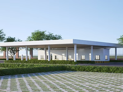 Modern Industrial Factory Building With White Column-Supported Roof Green Shrubs And Paved Ground 3d model