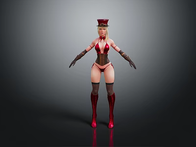 Female Character In Red Hat Corset Black Gloves Stockings And Red Boots Standing Pose 3d model
