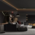 Modern Dark Living Room Interior With Sofa TV Wall Fireplace And Carpet