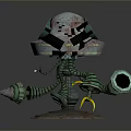 Rusty Vintage Robot Game Character With Green Mechanical Arms Round Head And Metallic Base