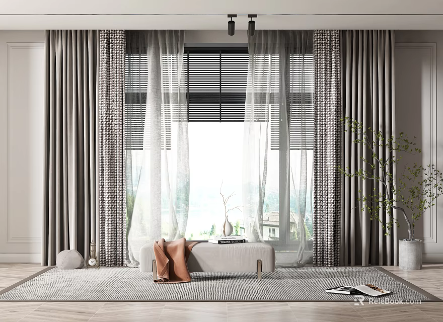 Modern Gray Curtains With Sheer Panels In Living Room Window With Sofa And Plants 3d model 