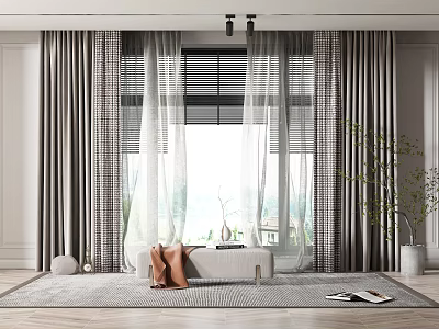 Modern Gray Curtains With Sheer Panels In Living Room Window With Sofa And Plants 3d model