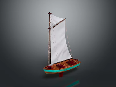 Wooden Sailboat With Turquoise Bottom White Sail And Red Mast Structure 3d model