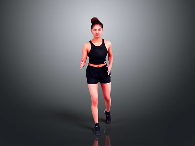 A Woman In Black Athletic Outfit Running On Gray Background With Sneakers 3d model