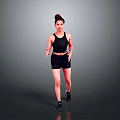 A Woman In Black Athletic Outfit Running On Gray Background With Sneakers
