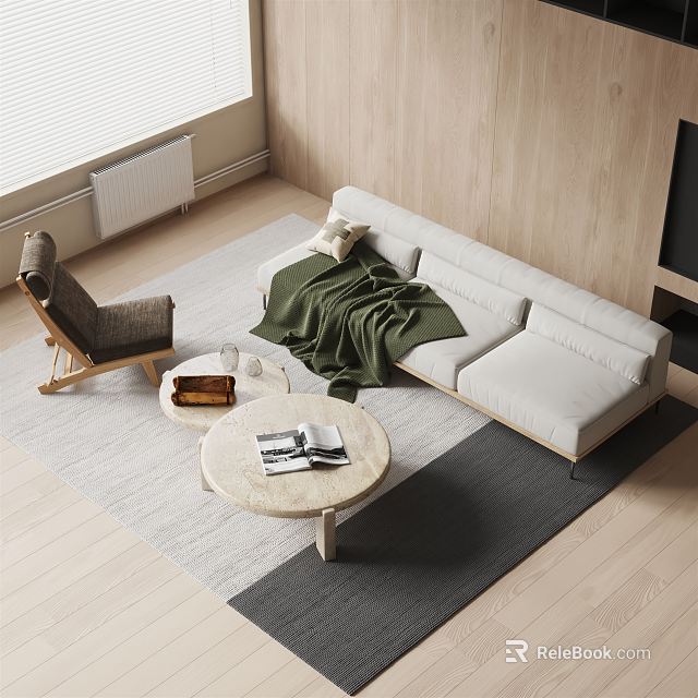 Modern Minimalist Sofa And Round Wooden Coffee Table With Armchair Throw Blanket Magazines 3d model 
