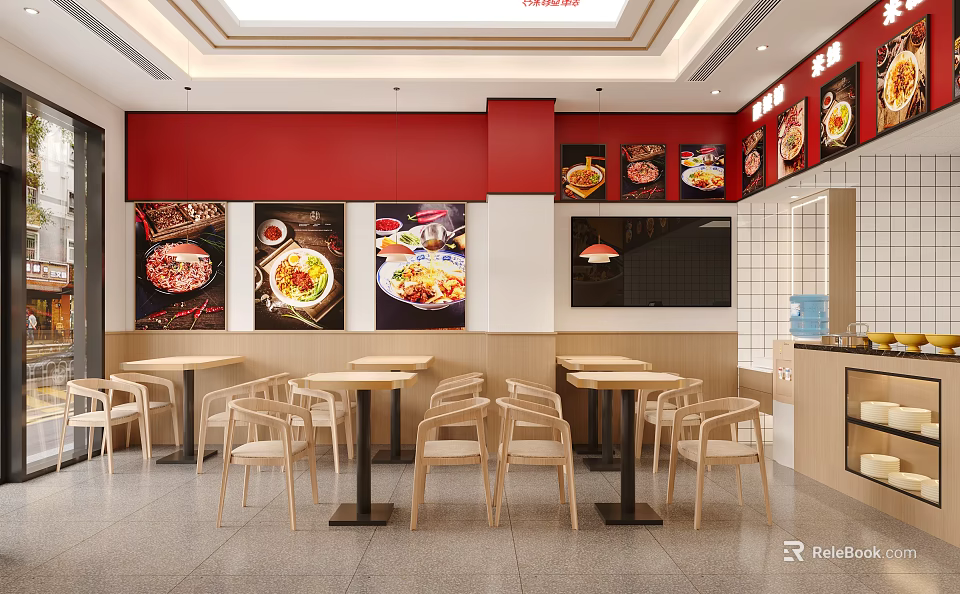Vibrant Restaurant Interior Featuring Red Walls Food Posters Wooden Tables And Order Counter 3d model 